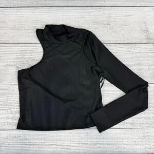 H:ours Women's Black Ribbed Mock Neck One Sleeve Cut Out Top Size Medium